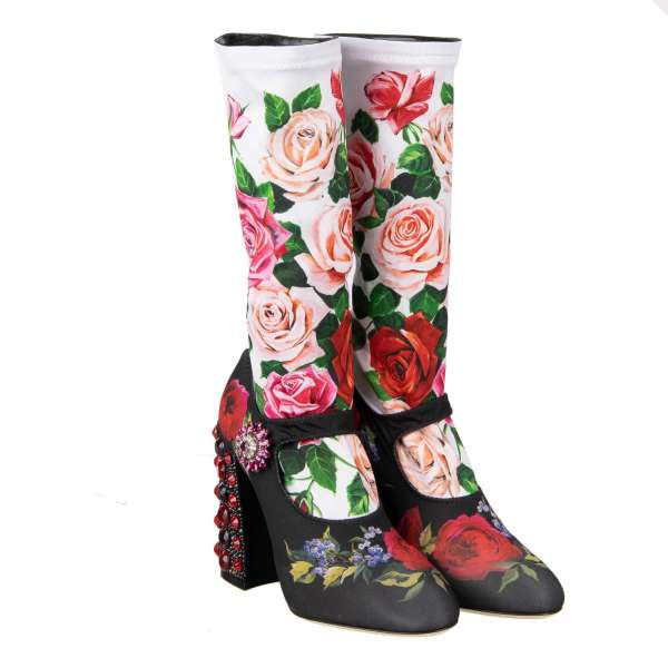 Elastic Socks Pumps / Boots VALLY with roses print, crystals embellished block heel and crystals brooch by DOLCE & GABBANA