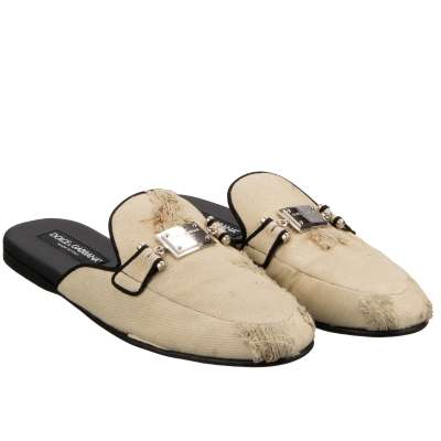 DG Metal Silver Logo Denim Moccasins Slipper Shoes Beige 42 UK 8 US 9