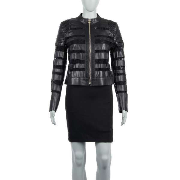 Leather Biker Jacket PRIORITY with floral lace in black by PHILIPP PLEIN COUTURE