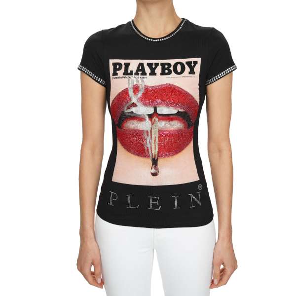 T-Shirt für Damen mit Magazin Cover von Lauren Young Lippen aus Kristallen vorne und mit Kristallen verziertem PLAYBOY PLEIN Schriftzug hinten von PHILIPP PLEIN x PLAYBOY