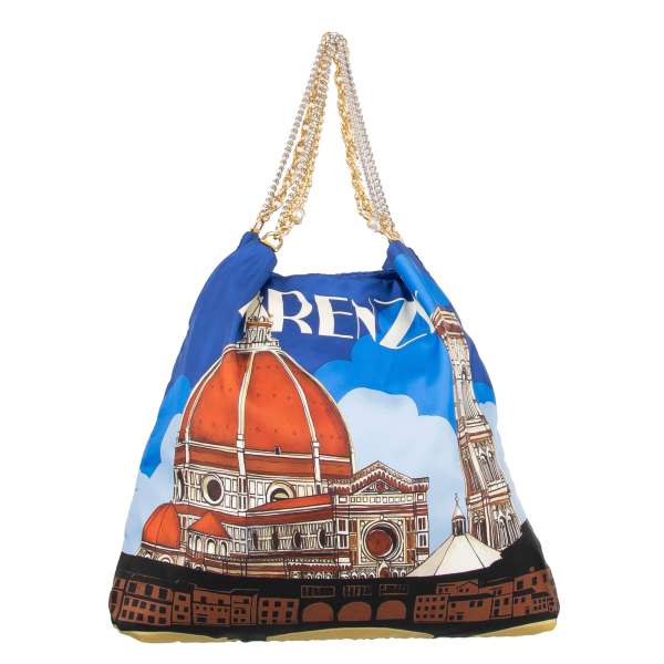 100% Silk Tote / Shopper Bag with FIRENZE Print and two metal chain handles embellished with pearls by DOLCE & GABBANA