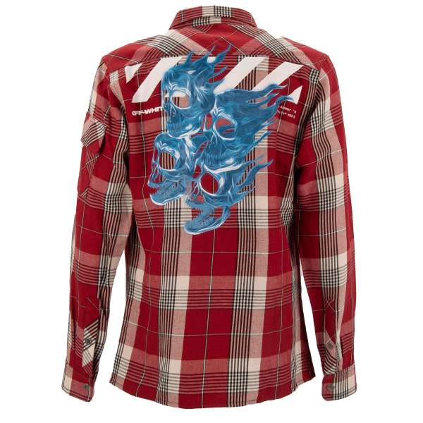 Off White Virgil Abloh Zip Check Shirt Jacket with Skull Logo Print Red Blue M FASHION ROOMS