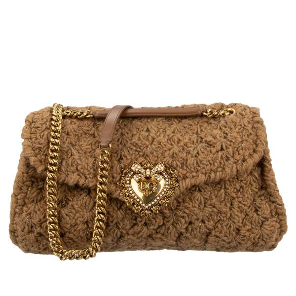 Knitted wool, crochet Crossbody Bag / Shoulder Bag DEVOTION Large with jeweled heart buckle with DG Logo and structured metal chain strap by DOLCE & GABBANA