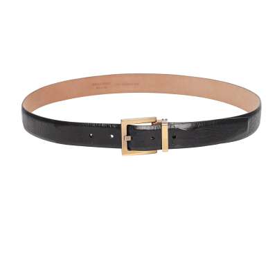 Metal Buckle Ostrich Leather Belt Black Gold 95 38