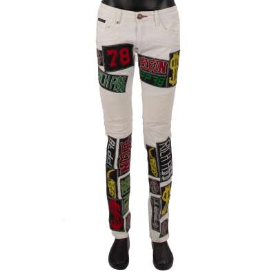 Biker Illusion Dollar Rich Patch Skinny Jeans Pants White