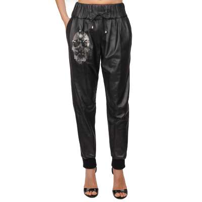 Metal Logo Crystal Skull Wide Fit Leather Pants S