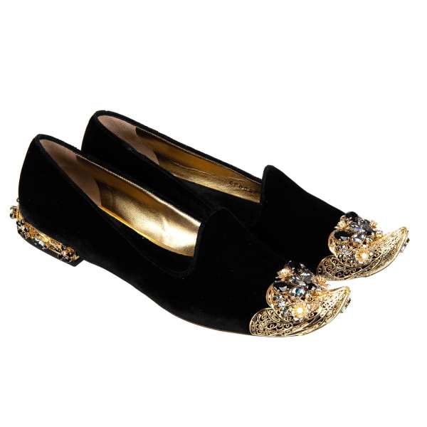 Baroque Velvet Ballerinas / Loafer JASMINE with metal embellishments, flowers and crystals in black and gold by DOLCE & GABBANA Black Label