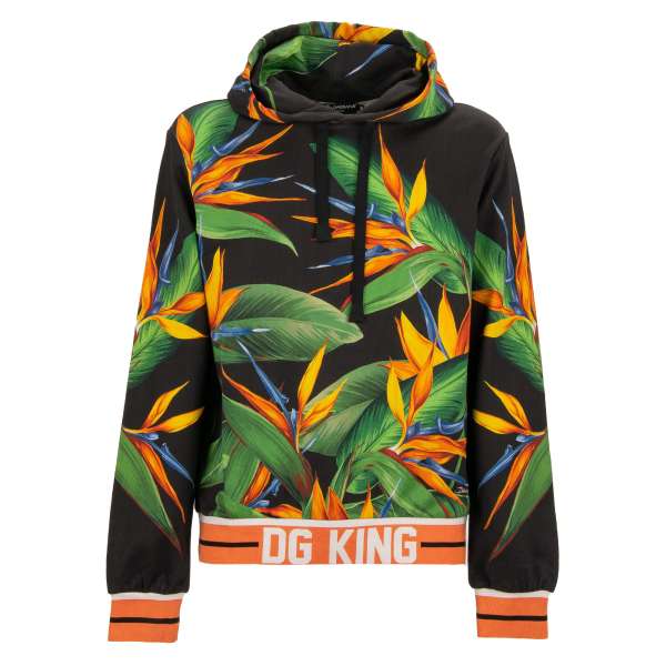 Hooded cotton Sweater / Hoodie with tropical flowers print, DG KING lettering and knitted details by DOLCE & GABBANA
