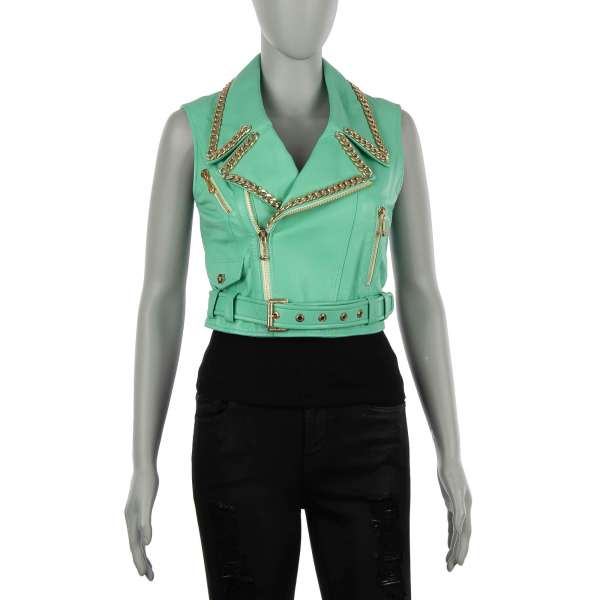 Short biker style leather Vest Jacket ELLE with chains in gold and green by PHILIPP PLEIN COUTURE