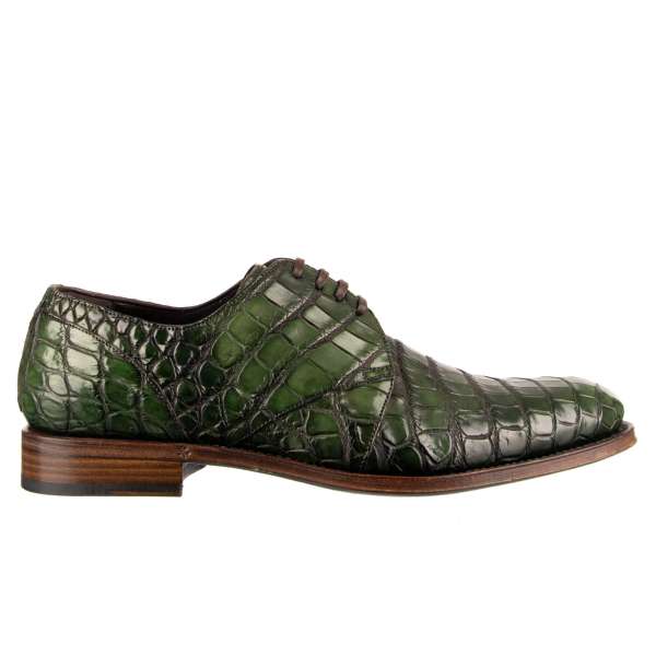 Very exclusive and rare, formal crocodile leather derby shoes NAPOLI Good Year in dark green by DOLCE & GABBANA