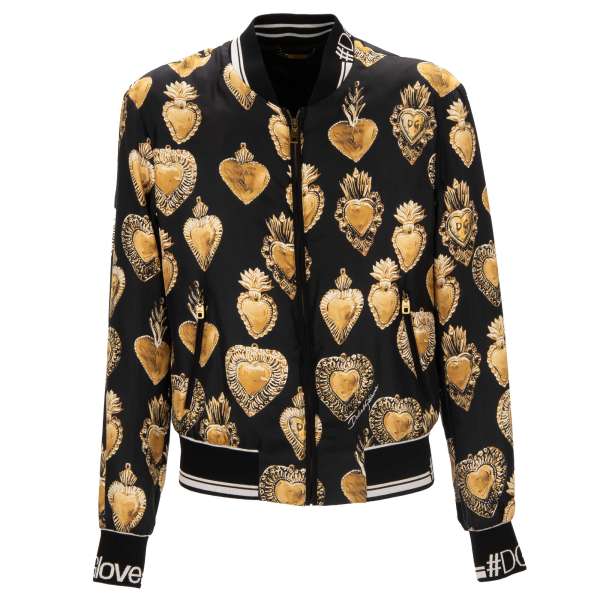 Sacred heart silk printed padded bomber jacket with pockets and knit DG logo details by DOLCE & GABBANA