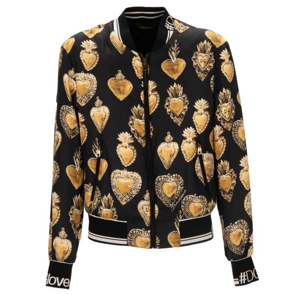 Leichte gefütterte Bomberjacke aus Seide mit Herz Print, Taschen und DG Logo Strick Details von DOLCE & GABBANA