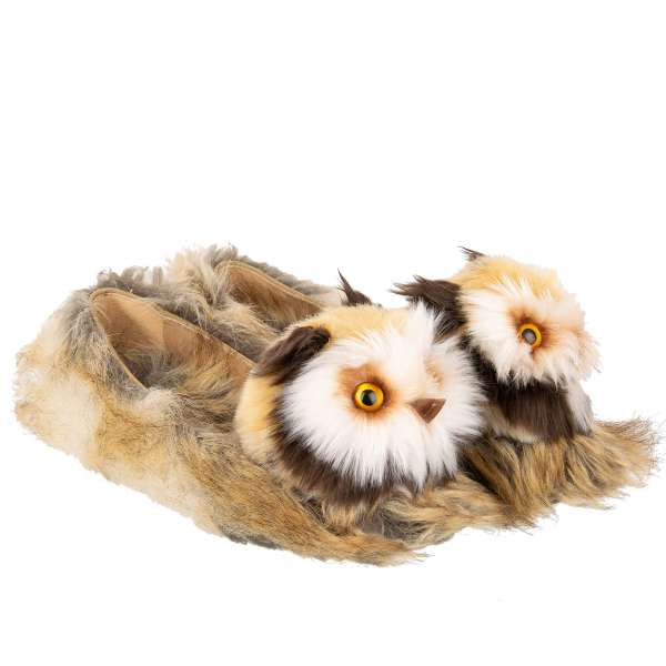 Eco faux fur Owl Toy Flats VALLY in beige and brown by DOLCE & GABBANA