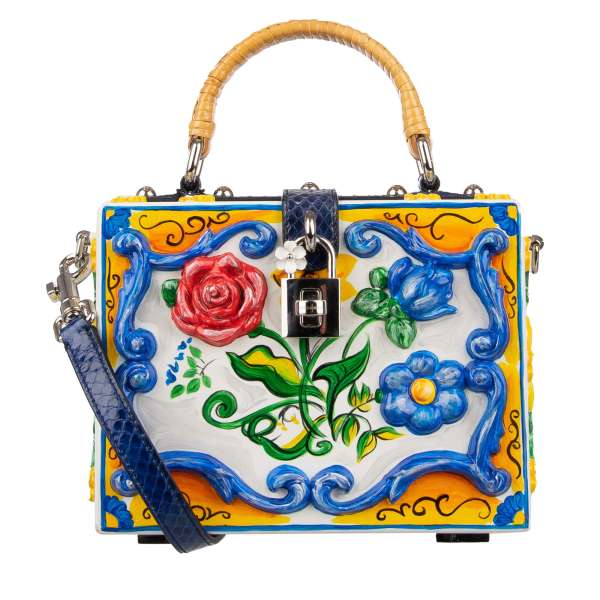 Wooden hand-painted Sicilian Majolica bag / shoulder bag / clutch DOLCE BOX with floral elements and decorative padlock by DOLCE & GABBANA