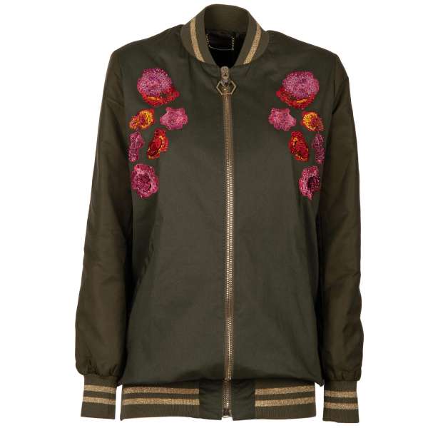 Oversize JAVAN Jacket with embroideries and Swarovski embellished crystals skull and flowers in military green by PHILIPP PLEIN COUTURE