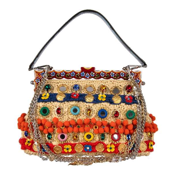 Jeweled raffia clutch / evening bag VANDA with pom-poms, crystals, mirrors, docrative elements and carretto siciliano painted frame by DOLCE & GABBANA