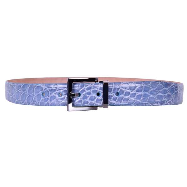 Crocodile Leather (Caiman) belt with removable metal buckle in light blue by DOLCE & GABBANA Black Label