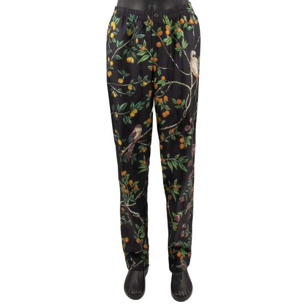 Silk Pyjama Pants with oranges, lemons and parrots print with pocket in black by DOLCE & GABBANA