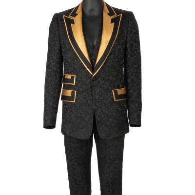 Barock Jacquard 3 Teile Anzug Sakko Blazer Weste Gold Schwarz