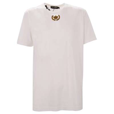 Gold Perlen Krone Stickerei Baumwolle T-Shirt Weiß 54 XL