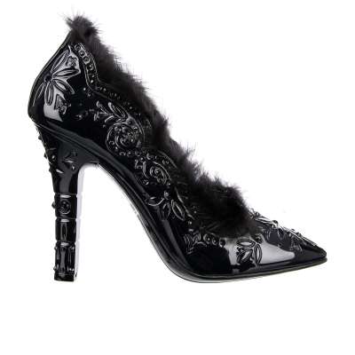 Cinderella Fur and PVC Pumps with Crystals Black 37