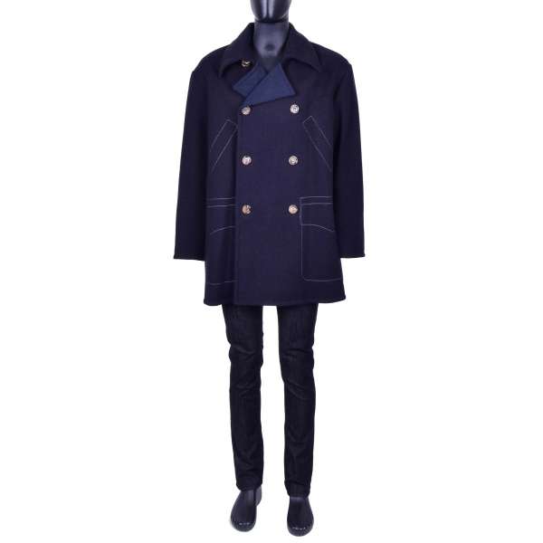 Double-breasted Wide Cut Virgin Wool Short Coat in Black and Blue by DOLCE & GABBANA Black Line