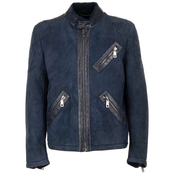 Einzigartige Lederjacke im Biker Stil aus Wildleder mit Futter aus echtem Pelz, Details aus Kaiman Leder und Außentaschen mit Reißverschluss von DOLCE & GABBANA 