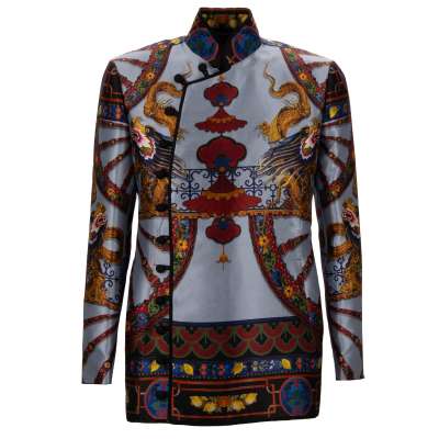 Carretto Dragon Printed Silk Blazer Jacket Blue 46 S