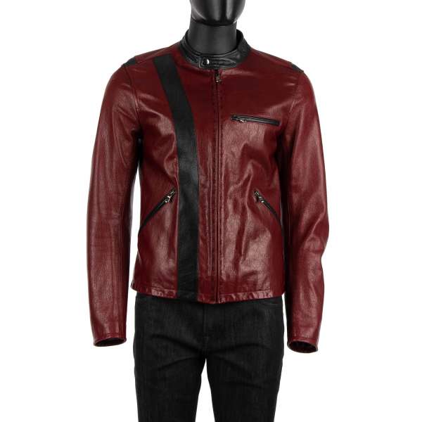 Biker style leather jacket with zip closure pockets and contract black leather stripes by DOLCE & GABBANA