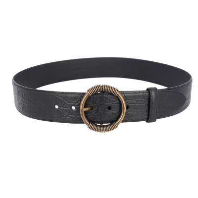 Metal Ring Buckle Croco Leather Belt Black 95 38