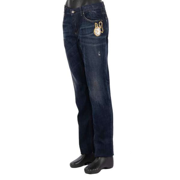 Distressed straight cut 5-pockets Jeans with embroidered pearls and crystals watch patch by DOLCE & GABBANA