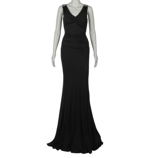  Long evening dress with rhinestones embroidered shoulders in black by ROBERTO CAVALLI