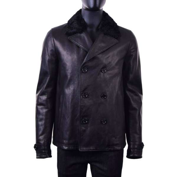 Double-breasted, stuffed leather jacket made of leather mix with a Montone fur collar by DOLCE & GABBANA Black Line