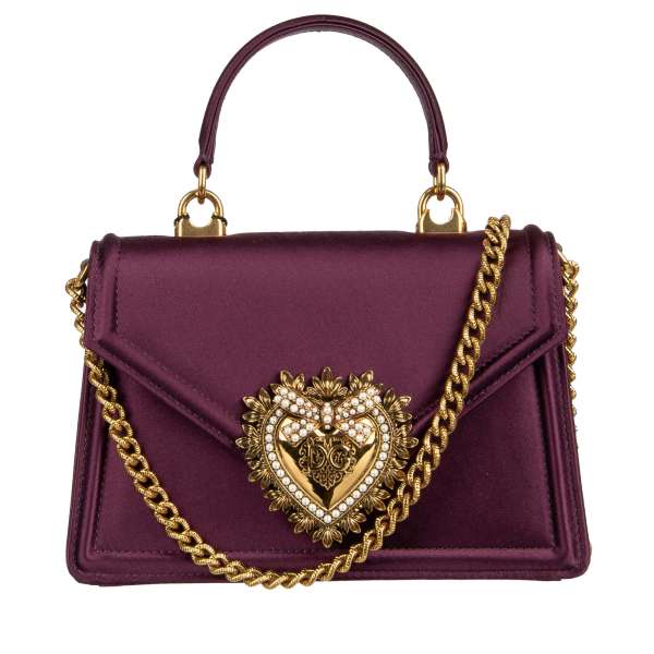 Satin Clutch / Shoulder Bag DEVOTION with a DG Heart Logo with pearls and detachable chain strap with snake structure by DOLCE & GABBANA