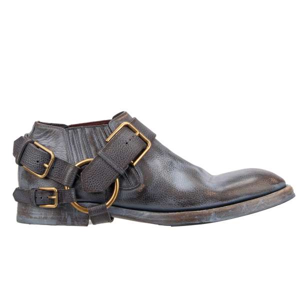 Leather Boots MICHELANGELO with metal buckles and zip closure in blue-gray and brown by DOLCE & GABBANA