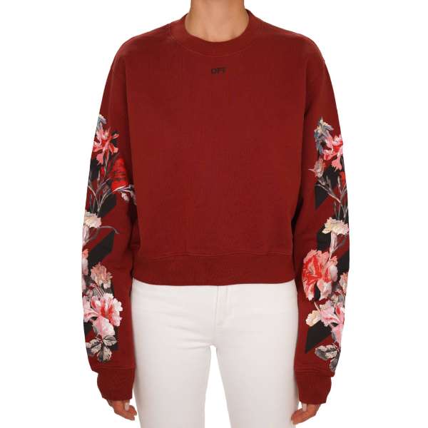 Oversize Baumwolle Sweater / Pullover mit Blumen ud Logo Print in Rot-Braun von OFF-WHITE c/o Virgil Abloh 