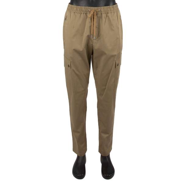 Cotton Khaki Trousers with a logo sticker, elastic waist and many pockets by DOLCE & GABBANA