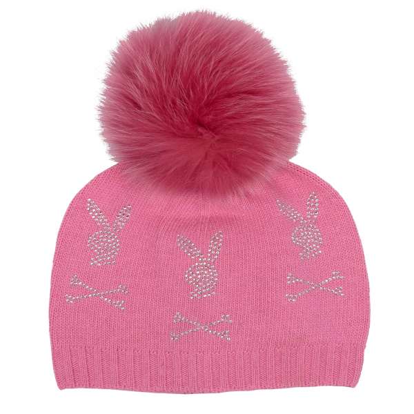 Wool, Nylon and Cashmere knitted beanie hat with six crystals Bunny Skull logos and fox fur pompon by PHILIPP PLEIN x PLAYBOY