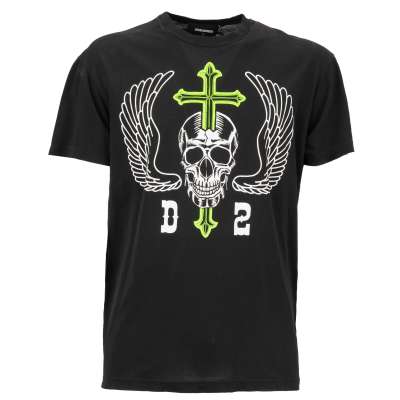 Cotton T-Shirt Wings Skull Cross Print Black Green White