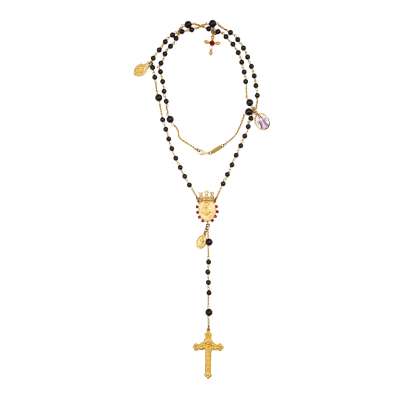 Unisex Rosario Cross Crystal Crown Chain Necklace Gold Black