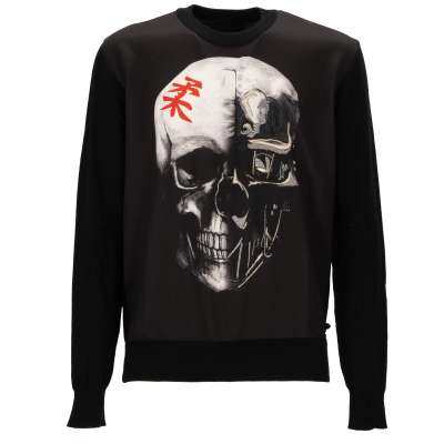 Schurwolle Pullover JAPAN SKULL mit Stickerei Schwarz XL