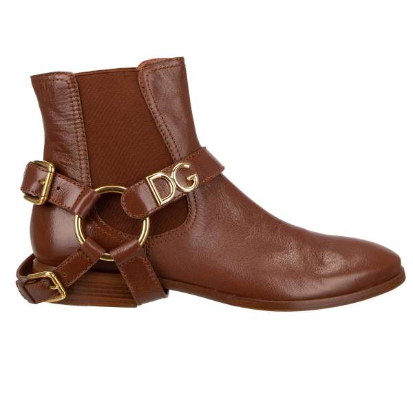 Goat Leather Boots NAPOLI with metal Logo buckles in brown and gold by DOLCE & GABBANA
