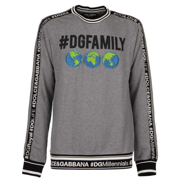  DG Family Sweater / sweatshirt embellished with Earth embroidery and knitted elements with DG hashtag writings in gray by DOLCE & GABBANA