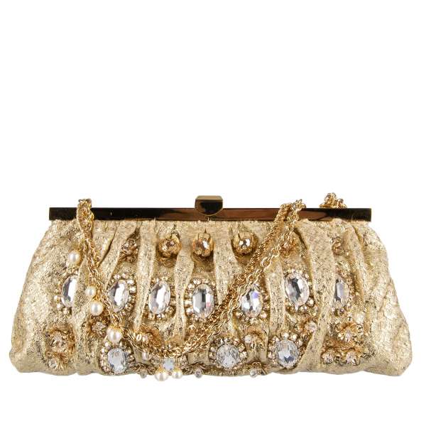 Crystals floral elements and bells embellished jacquard clutch / evening bag with pearls chain strap by DOLCE & GABBANA