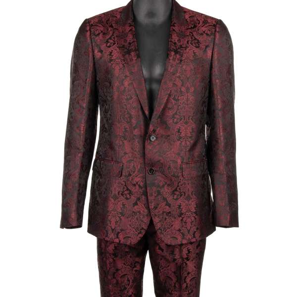 Baroque jacquard silk suit with peak lapel in bordeaux and black by DOLCE & GABBANA 