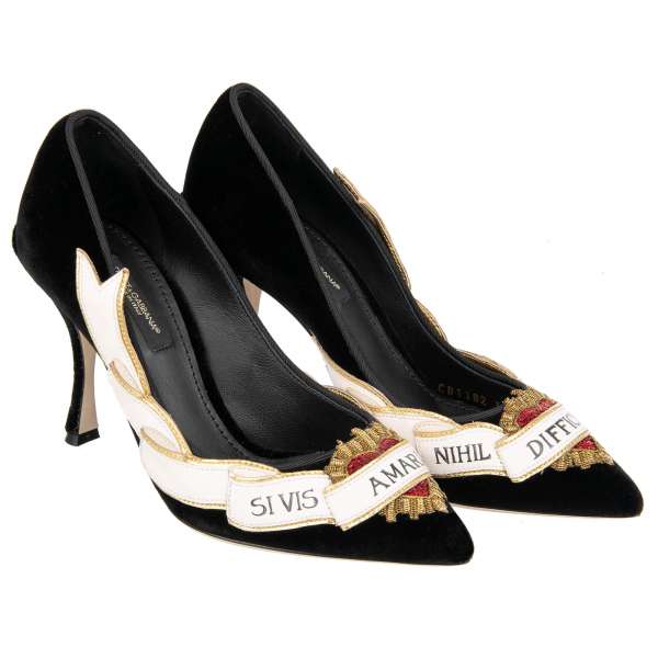 Pointed Velvet Pumps LORI in black with sequined Sacred Heart embroidery and leather banner by DOLCE & GABBANA