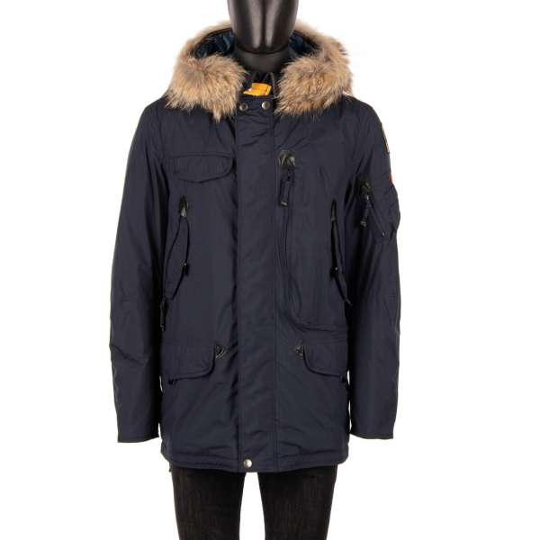 Parka / Daunenjacke RIGHT HAND LIGHT aus leichtem Polyester-Polyurethan-Popeline mit abnehmbarem Echtpelzbesatz, Kapuze, vielen Taschen und Daunenfutter in Navy Blau