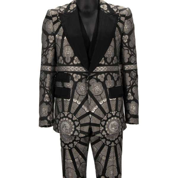 Carretto Pattern and DG Logo Jacquard 3 piece suit with peak lapel in gray and black by DOLCE & GABBANA 