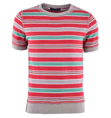 Knitted Cotton T-Shirt with Stripes Red Green Beige 46 S