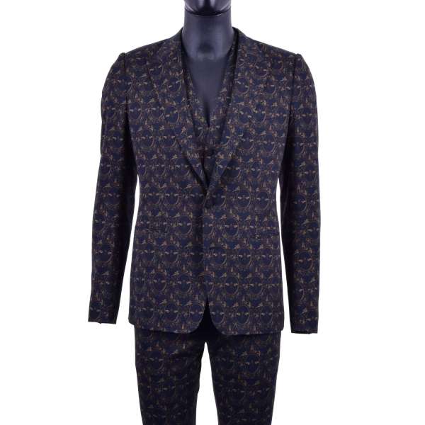 Virgin Wool 3-pieces suit with golden bees and crowns print by DOLCE & GABBANA